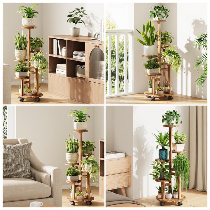 Uneedem 5 Tier Plant Stand Indoor with Wheels, Wood Tall