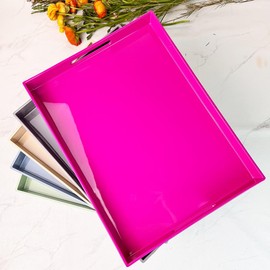 Umisriro Large Decorative Tray, Rectangular Serving Tray with Handles, Plastic Coffee Table Tray for Ottoman, Living Room, Kitchen Tabletop, Rose Pink, 15.7” x 11.8” x1.3”