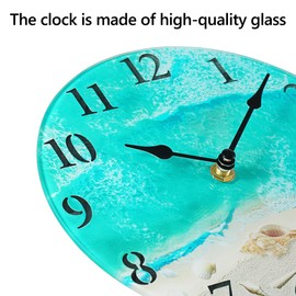Coastal Nautical Glass Wall Clock with Seashell Design and Aesthetic Beach Theme - Battery Operated Silent Wall Decor for Home, Kitchen, Living Room, Office, Bedroom, or Bathroom (8 Inch,Teal)