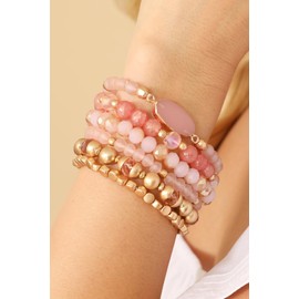 RIAH FASHION Bohemian Versatile Multi-Layer Bead Statement Bracelet - Stretch Stackable Bangle Set Acrylic Druzy (Bohemian Oval Druzy Set - Pink)