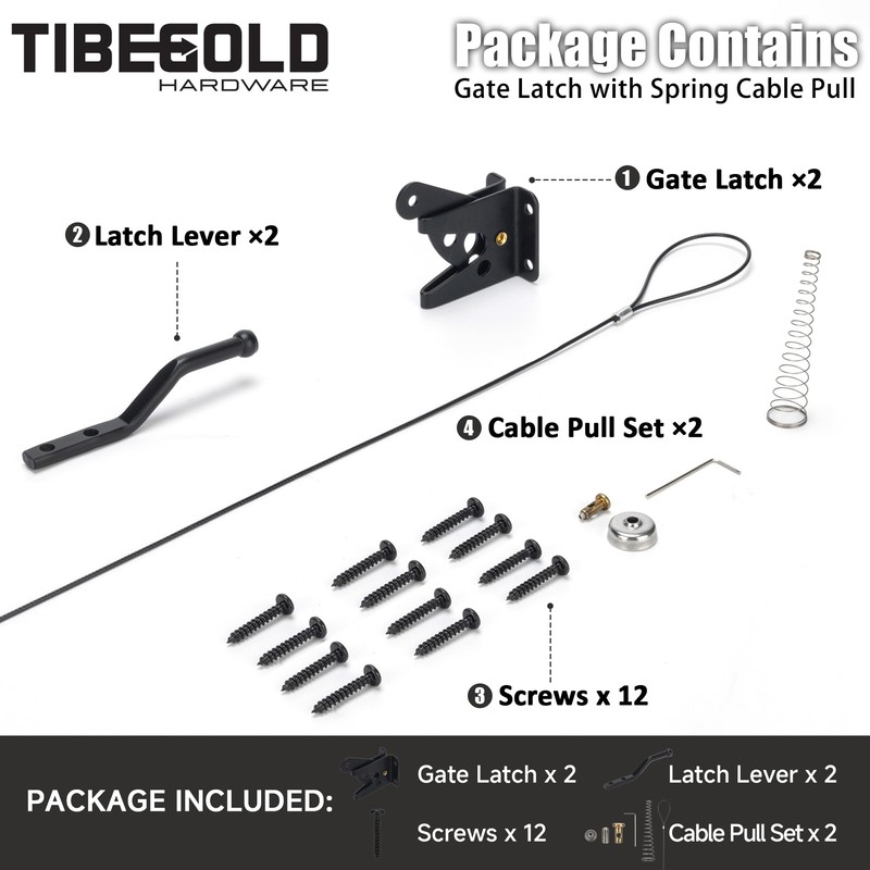 TIBEGOLD Self Locking Gate Latch with Spring Cable Pull, Black