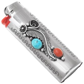 Native American Turquoise Coral Silver Lighter Case Cover Sterling Leaf and Flower Design on Silver Housing 0100