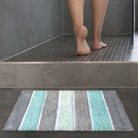 Chardin home Cordural Stripe Bath Mat, 17 x 24 Inches | Non Slip Bathroom Rug, Machine Washable, Plush, Highly Absorbent | Mint Green & Grey
