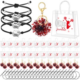Landical 72 Pcs Cheerleading Gifts Set 24 Cheer Bags 24 Pom Pom Keychain 24 Cheerleader Bracelet, PVC Transparent Tote Bags Bulk Accessories for Women Teammate Team Coach Gift