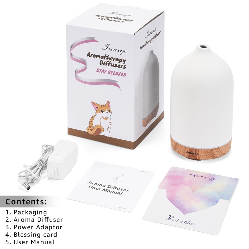 Gooamp 200ML Ceramic Essential Oil Diffuser - Ultrasonic Aromatherapy &