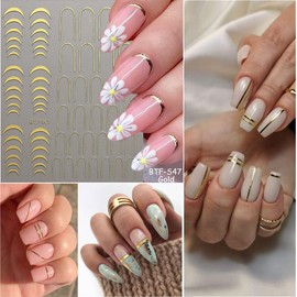 6 Sheets Shiny French Line Nail Art Stickers Decals 3D Glitter Gold Silver Curve Stripe Wave Lines Nail Designs Holographic Metallic Self-Adhesive French Nail Tips DIY Luxury Manicure Art Accessories