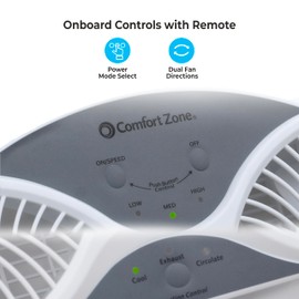 Comfort Zone Window Fan for Bedroom, 9 inch 3 Speed Dual Fans with Auto-Locking Expanders, 3 Modes (Cool, Circulate, Exhaust), Remote Control, Fabric Cover plus Bug Screen, White