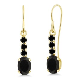 Gem Stone King 10K Yellow Gold Black Onyx and Black Diamond Drop Dangle Earrings For Women (0.98 Cttw, Gemstone December Birthstone, Oval 6X4MM)