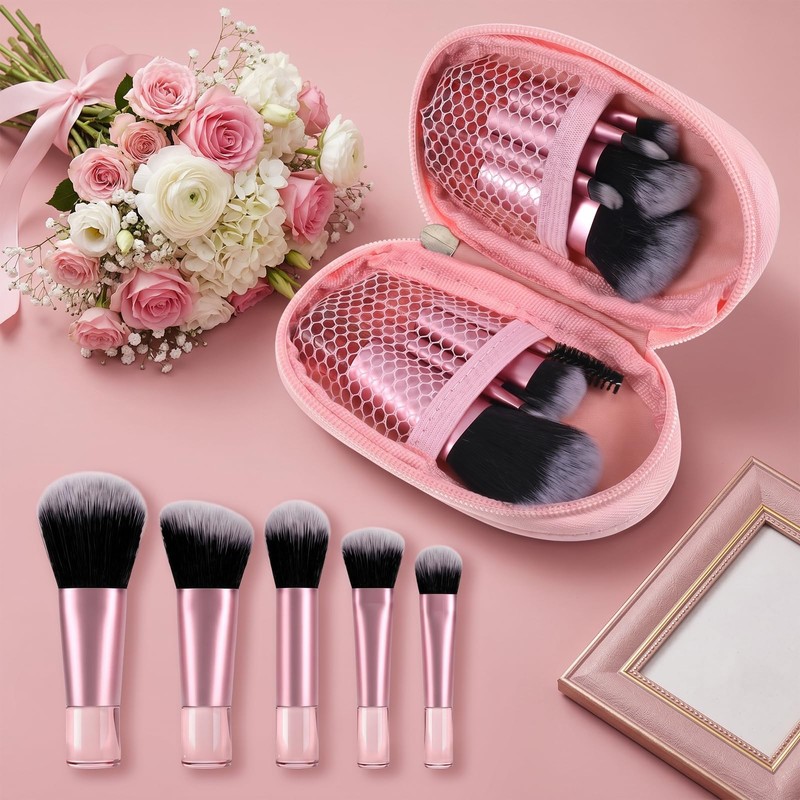 RAHHLIZS 10 Pcs Mini Travel Makeup Brushes with Pouch, Pink