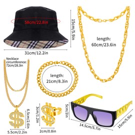 Hysagtek 6 Pcs Hip Hop Costume Kit 80s 90s Rapper Accessories with Bucket Hat&Sunglasses&Dollar Sign Gold Chain Bracelet Ring