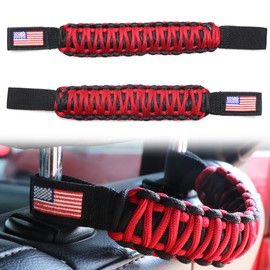 sukemichi Headrest Grab Handles for Jeep Wrangler, Toyota Tacoma, Trucks, SUV, Ford Bronco Accessories, Paracord Headrest Grab Handles Rear Seat Passenger Grip Handles, Universal, Red, Flag, 1 Pair