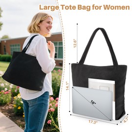 Corduroy Tote Bag - RAINFLOW Canvas Tote Bag with Zipper, 3 Inner Pockets Large Capacity Casual Laptop Tote-bag Bulk for Work Travel School Daily Shopping Beach Date