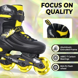 MammyGol Adjustable Inline Skates for Kids Youths Adults, All Wheels Light Up, Indoor and Outdoor Blades Roller Skates for Boys Girls Teen Beginners Yellow