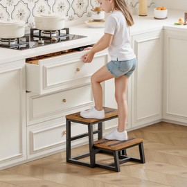 HOOBRO Step Stools for Kids, 3-in-1 Heavy Duty Sturdy Wooden Two Step stools, Metal Frame with Non-Slip Pads for Kitchen/Bathroom/High Beds, Rustic Brown and Black BF26JD01
