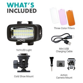 Movo LED-WP Luz de video LED subacuática recargable de alta potencia con cámara de acción y soportes para zapatos, compatible con GoPro, DSLR – perfecta para vlogging, viajes, buceo, esnórquel, surf,