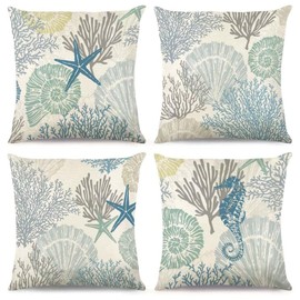 4 PCS Nautical Coastal Pillow Covers - Maritime Images Pillow Set for Sofa Beach Chair Accessories Shells Beach Pillowcase 45x45 Set Beach Decoration Outdoor String Lights Maritime Decor Pillows