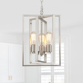 peskoe Brushed Nickel Chandelier 3-Light, Dining Room Light Fixture Small Geometric Metal Modern Pendant Lighting for Kitchen Island Living Room Entryway Bedroom, 12 Inch Hanging Ceiling Lamp