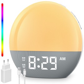 BOOTEEK Daylight Alarm Clock, Digital Wake Up Light with Radio, 24 Soothing Sounds, 10 Colour Light, 20 Brightness, Double Alarm