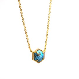 Gempires Copper Turquoise Gemstone Pendant with Hexagon Shape Suspended on 16+2 inch Chain, Gold Plated, Hypoallergenic Jewelry for Women