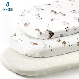 Stretchy Ultra Soft Fitted Bassinet Sheet Set 3 Pack, Universal Fit for Bassinets Baby Cradle Moses Basket Oval Rectangle Mattress Safe and Snug, Cute Watercolor Cows and Birds Print