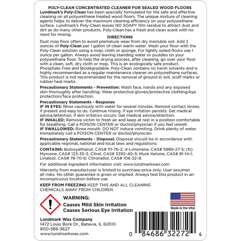 Lundmark Poly-Clean, Cleaner ncentrate for Polyurethane Floors, 32-Ounce, 3227F32-6, Clear