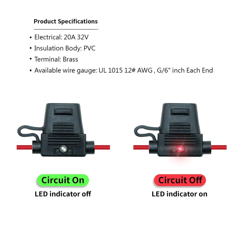 Waterproof in-line ATO/ATC LED Fuse Holder,12 AWG for Automotive, Marine（5