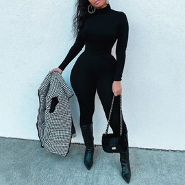 Azhong Women's Sexy Long Sleeve Turtleneck Jumpsuits Bodycon Back Zipper High Waist One Piece Casual Club Rompers