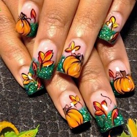 24Pcs Fall Press on Nails Short Square Fake Nails with Green Glitter French Tip Press ons Maple Leaf Pumpkin False Nails Thanksgiving Acrylic Nails Fall Leaves Glue on Nails for Women Fall Nails DIY