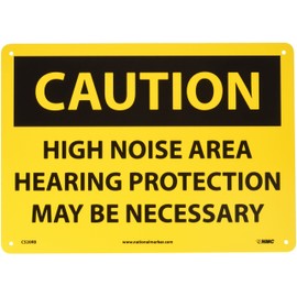 NMC C520RB OSHA Sign, Legend "CAUTION - HIGH NOISE AREA HEARING PROTECTION MAY BE NECESSARY", 14" Length x 10" Height, Rigid Plastic, Black on Yellow