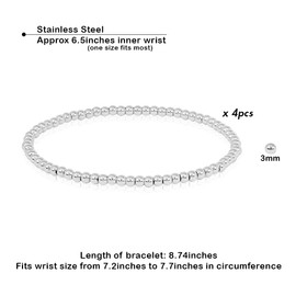 SM Stainless Steel Gold Silver Rose Gold Beaded Ball Bracelets Set for Women Stretchable Elastic Bracelet (Set 4pcs - 3mm Solid Silver)