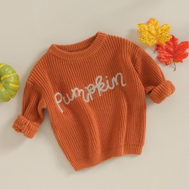 Baby Girl Cable Knit Sweater Long Sleeve Boho Floral Embroidery Oversized Sweatshirt Warm Fall Winter Clothes (Orange-Pumpkin, 12-18 Months)