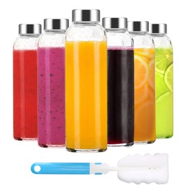 Luxfuel Clear Glass Bottles with Lids 18 oz, Reusable Glass Water Bottles with Stainless Steel Cap for Refrigerator, Juicing, 100% Leak Proof, BPA Free, Juice Bottle Drinking Jar Containers Set of 6