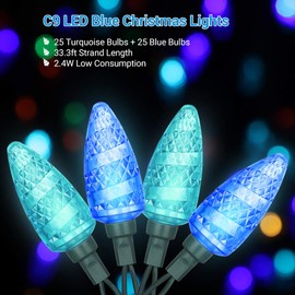 DEWENWILS C9 Blue Christmas Lights Outdoor, 33.3ft 50 LED Christmas String Lights, Waterproof, Outdoor Decorations for Trees, Patio, Deck, Green Wire, Turquoise & Ice Blue, UL Listed