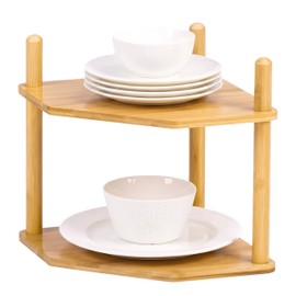 WooFawn 2-Tier Expandable Bamboo Corner Shelf - Dish/Plate Organizer for Cabinet, Kitchen Counter Shelf & Small Kitchen Shelf, Adjustable (Natural, 6.7" H)