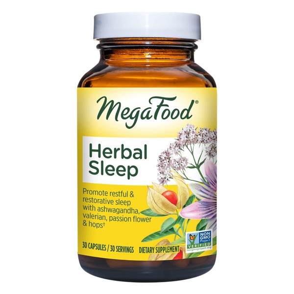 MegaFood Herbal Sleep - Herbal Supplement for Adults with Real Ashwagandha, Valerian Root, Hops and Passion Flower to Support Sleep - Gluten Free, Vegetarian & Made without Dairy & Soy - 30 Caps