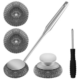2Pcs Stainless Steel Wool Scrubber Sets, Dish Scrubber with Long Short Handle Stainless Steel Scrubber Cleaning Brush Metal Scrubber with Replacement, Steel Scrubber for Dishes Tableware Home Kitchen