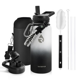 RAYMYLO Insulated Water Bottle 32 oz, Triple Wall Vacuum Stainless Steel (Cold for 48 Hrs), Leak Proof & Non-BPA, Modern Water Flask Jug with Paracord Handle & Straw Spout Lids, Ombre: White/Black