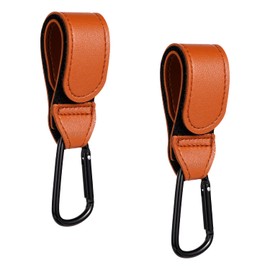 2pcs Baby Stroller Hooks, Adjustable Stroller Clip with Leather Buckle Strap Multipurpose Leather Style Stroller Hooks for Bags Hanging Shopping Diaper Bags (Brown)
