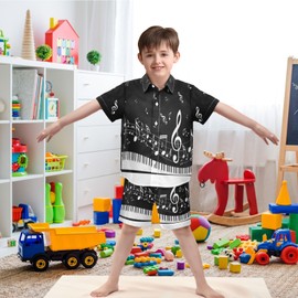 visesunny Toddler Boys 2 Piece Outfit Button Down Shirt and Short Sets Abstract Piano Key with Musical Note Boy Summer Outfits for Infant Baby Children Kids