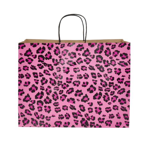 SSWBasics Large Pink Leopard Paper Shopping Bags - 16”L x 6”D x 12 ½”H - Case of 100