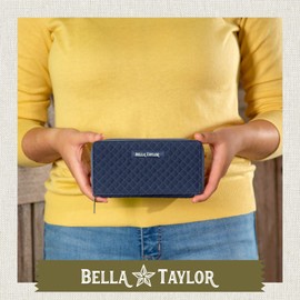 Bella Taylor Slim Card Wallet for Women | Quilted Cotton Fabric Zip Around Credit Card Wallet with RFID Protection | Vintage Navy Microfiber