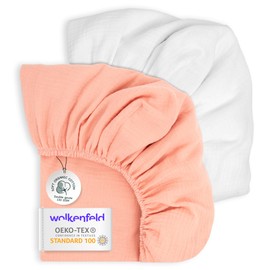 Wolkenfeld Baby Fitted Sheet, 70 x 140 cm, Set of 2, Made of Breathable Muslin Cotton, Soft and Gentle on the Skin, Suitable for Mattresses up to 10 cm, Pink/White