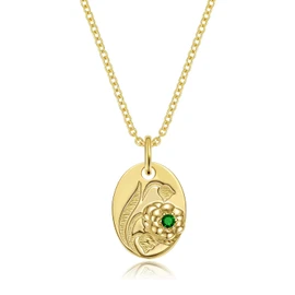 14K Gold Plated May Lily of the Valley Birth Flower Necklace, Dainty S925 Sterling Silver Oval Emerald Birthstone Medal Pendant, Romantic Retro Jewelry Anniversary Birthday Gift for Women