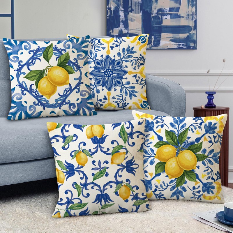 Fahrendom Blue Lemon Italy Tile Pattern Decorative Throw Pillow Covers
