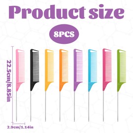 8PCS Rat Tail Comb Set,Stainless Steel Pintail Carbon Fiber Parting Comb,Pin Tail for Sectioning, Braiding, Styling,Anti-Static Durable (22.5cm,8 Colors)