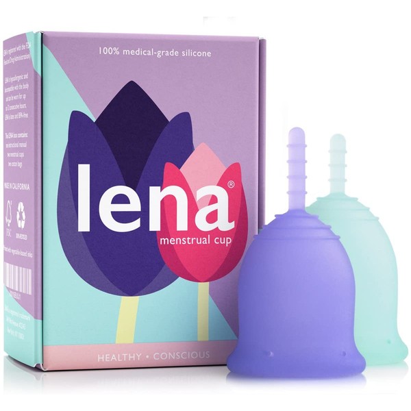 Lena Menstrual Cups - 2-Pack - Reusable Period Cups - Tampon and Pad Alternative - Regular and Heavy Flow - Small and Large - Turquoise and Purple