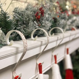 Haute Decor Stocking Scrolls® Stocking Hanger - 4 Pack Holly Embossed (Whitewash) - Christmas Stocking Holders - Fit a Variety of Mantel Sizes Including Large