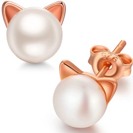 Cat Pearl Stud Earrings - Cute Cat Stud Earrings with Natural Pearl - Freshwater Cultured Pearl Stud Earrings Cat, Silver Stud Earrings with Cat Design, Lovely Cat Stud Earrings, Silver, A-3