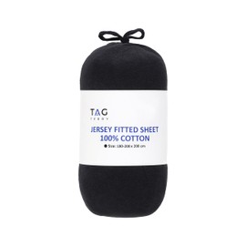 Tag Terry 100% Cotton Super King Fitted Sheet | 1 Pack, 145 GSM, Deep (40cm) Soft Jersey | Stretchable & Breathable Cotton Super King Bed Sheets | 180-200 x 200 + 40cm (Super King, Black)