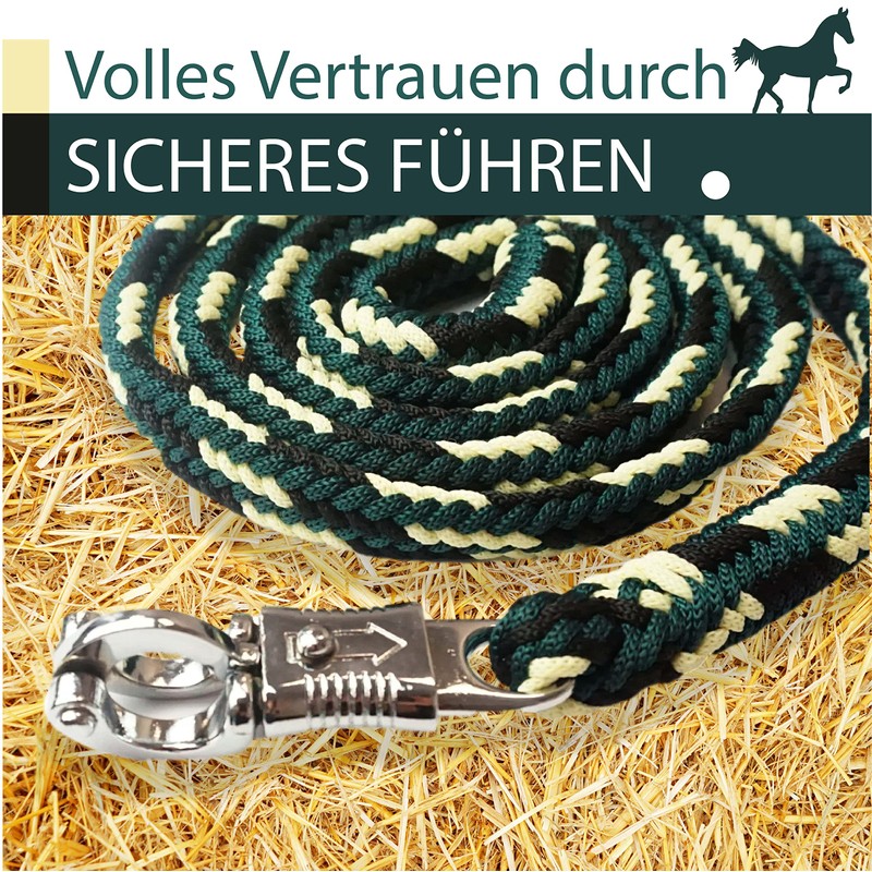 Pferdelinis Horse LEASH, 2 m, Dark Green/Black/Cream, with Sturdy Panic